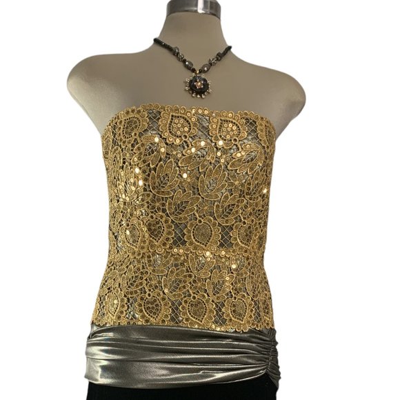 Vintage Nipon Night Black and Lace gold  Sequin Strapless Dress Size 6 - Picture 8 of 10